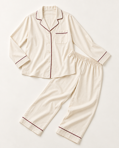 Women’s Ivory Cotton Long Pajama Set with Burgundy Piping