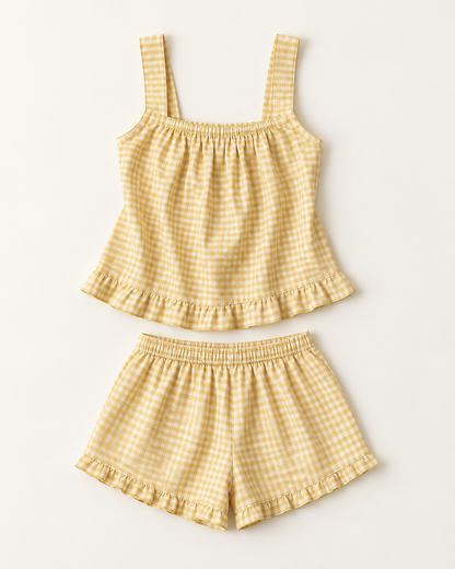 Women’s Butter Yellow Gingham Tank and Shorts Pajama Set