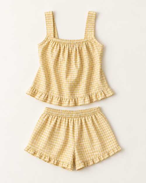 Women’s Butter Yellow Gingham Tank and Shorts Pajama Set
