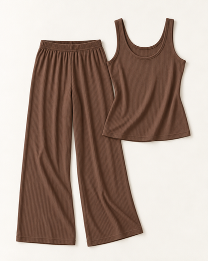 Women’s Cocoa Ribbed Tank and Wide-Leg Lounge Set