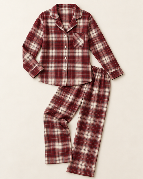 Women’s Burgundy Plaid Cotton Flannel Long Pajama Set