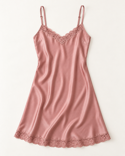 Women’s Rose Satin Nightdress with Lace Trim