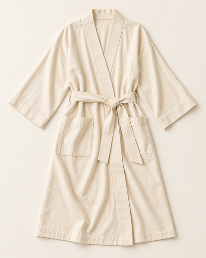 Women’s Ivory Cotton Three-Quarter-Sleeve Wrap Robe