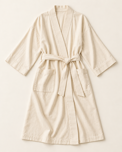 Women’s Ivory Cotton Three-Quarter-Sleeve Wrap Robe