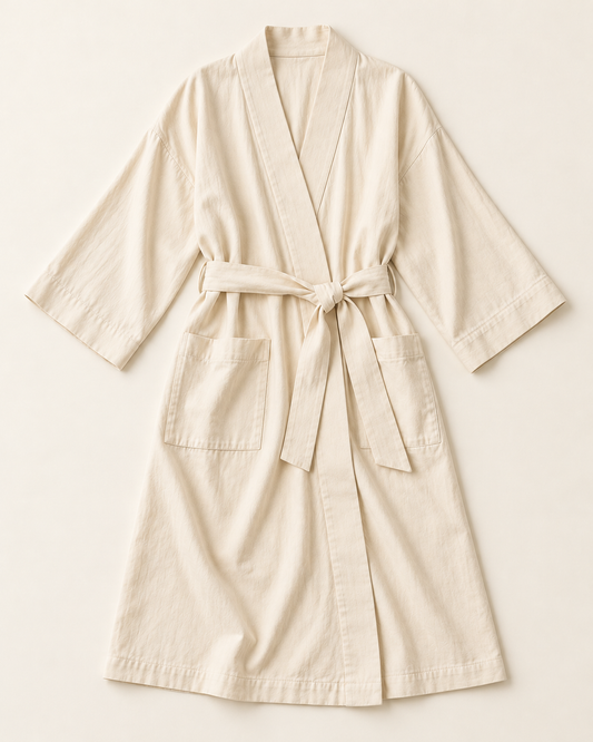 Women’s Ivory Cotton Three-Quarter-Sleeve Wrap Robe