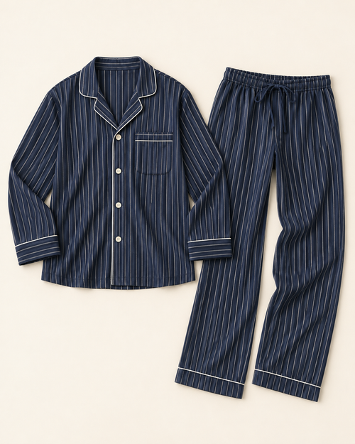 Relaxed Navy Stripe Cotton Long Pajama Set