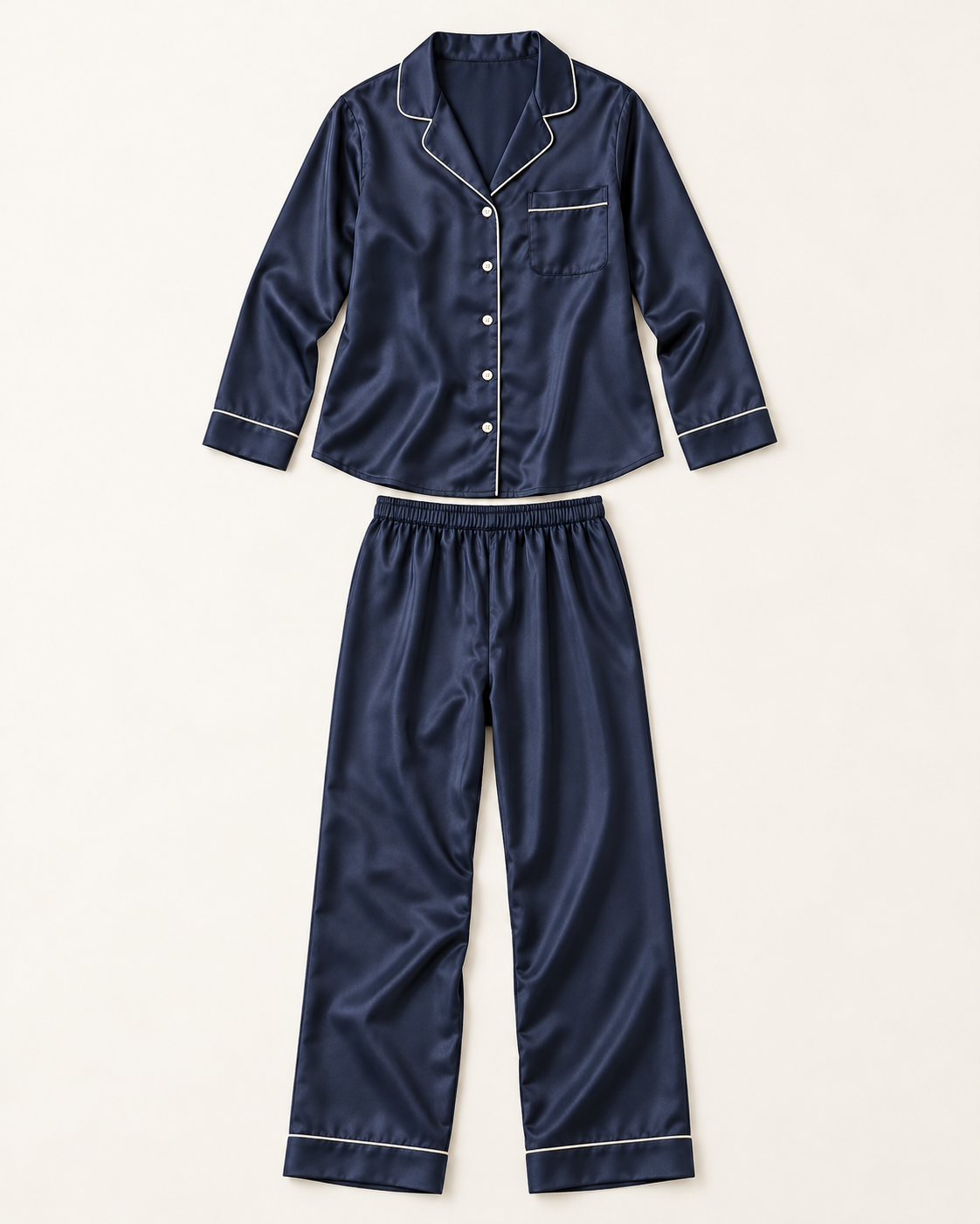 Women’s Midnight Navy Satin Long Pajama Set