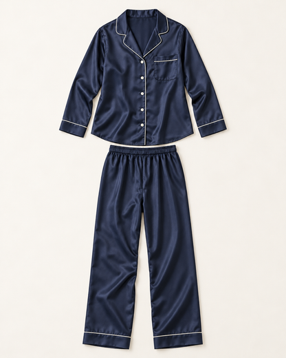 Women’s Midnight Navy Satin Long Pajama Set