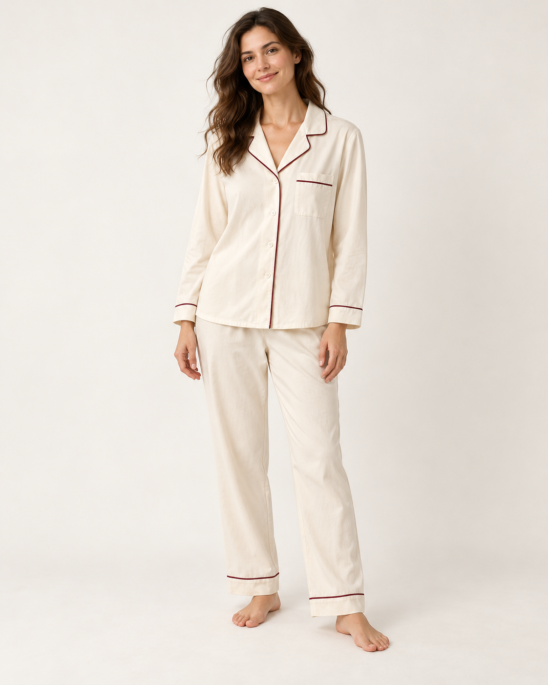 Women’s Ivory Cotton Long Pajama Set with Burgundy Piping