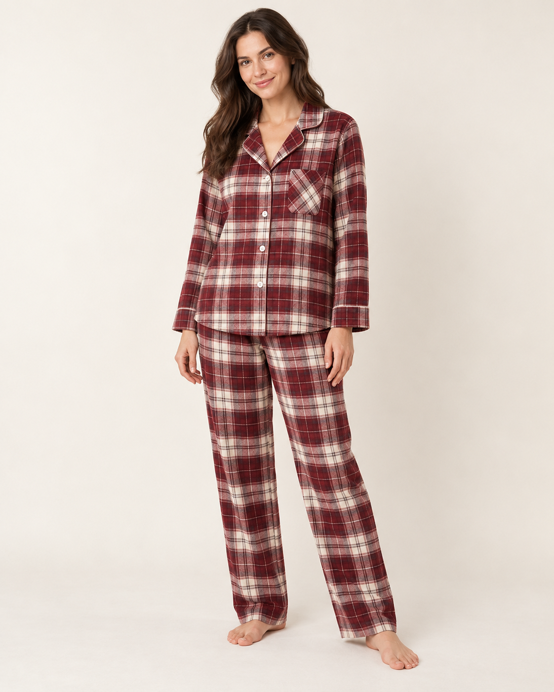 Women’s Burgundy Plaid Cotton Flannel Long Pajama Set