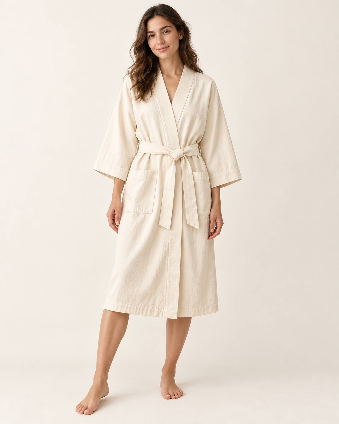 Women’s Ivory Cotton Three-Quarter-Sleeve Wrap Robe