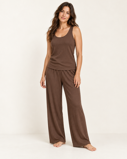 Women’s Cocoa Ribbed Tank and Wide-Leg Lounge Set