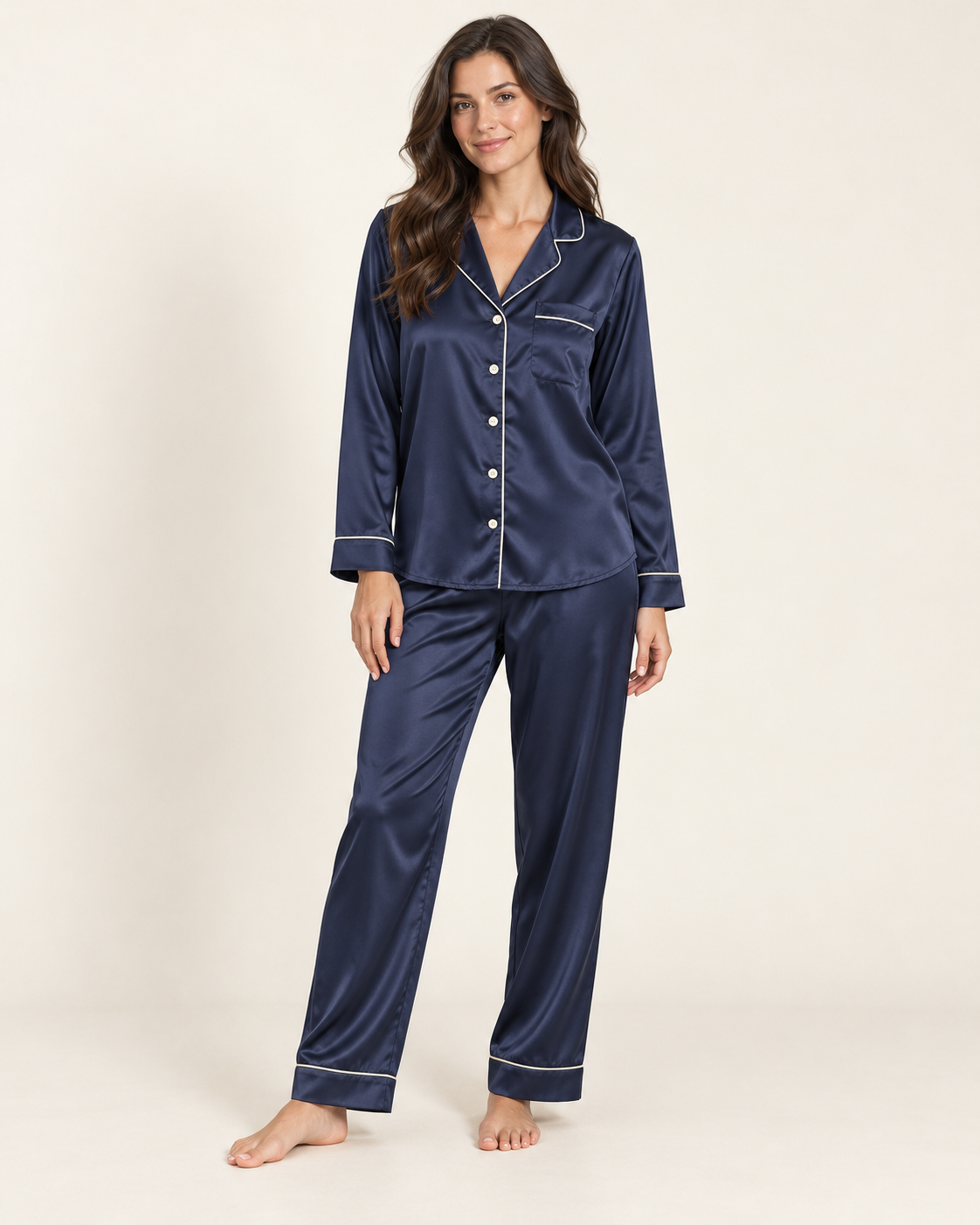 Women’s Midnight Navy Satin Long Pajama Set