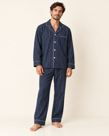 Relaxed Navy Stripe Cotton Long Pajama Set