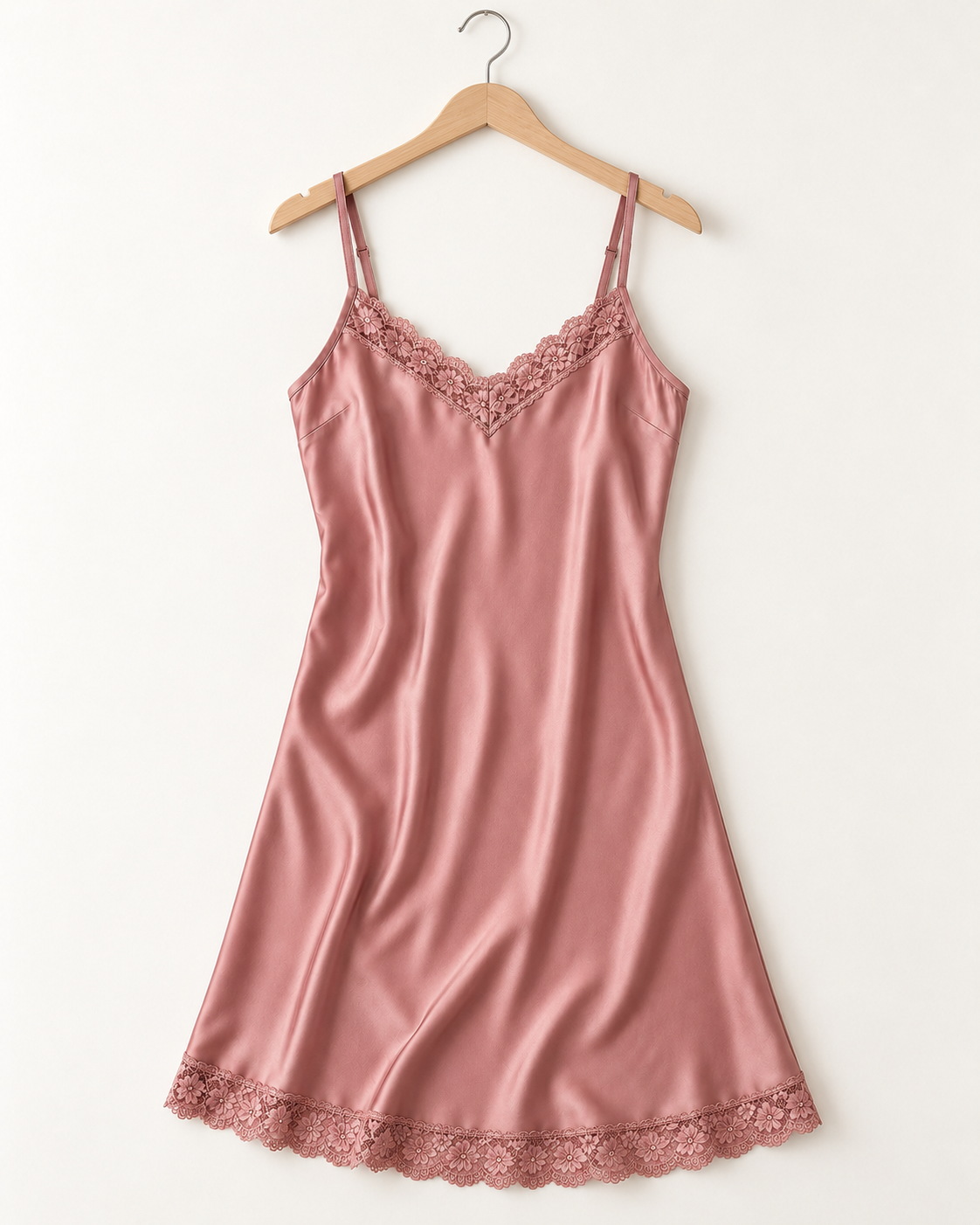 Women’s Rose Satin Nightdress with Lace Trim