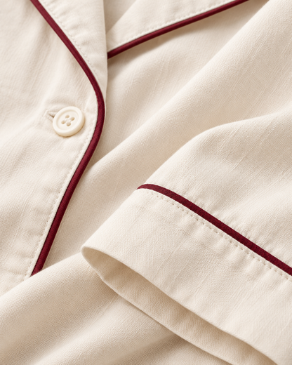 Women’s Ivory Cotton Long Pajama Set with Burgundy Piping
