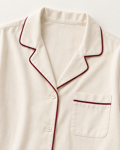 Women’s Ivory Cotton Long Pajama Set with Burgundy Piping