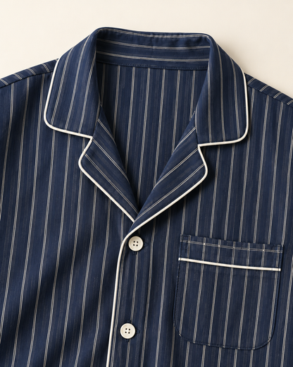 Relaxed Navy Stripe Cotton Long Pajama Set