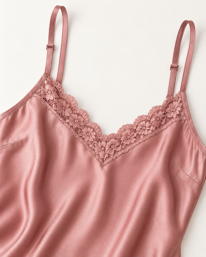 Women’s Rose Satin Nightdress with Lace Trim