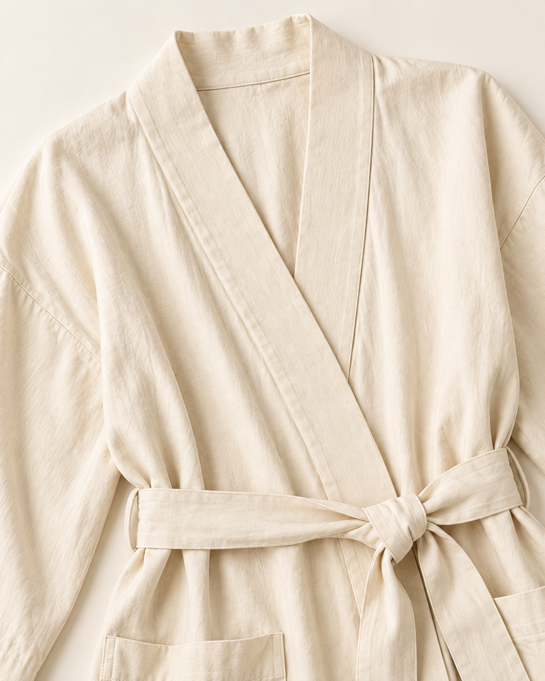 Women’s Ivory Cotton Three-Quarter-Sleeve Wrap Robe